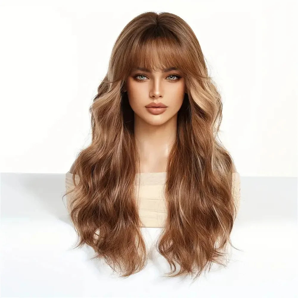 ALAN EATON Brown Highlight Synthetic Wigs with Bangs