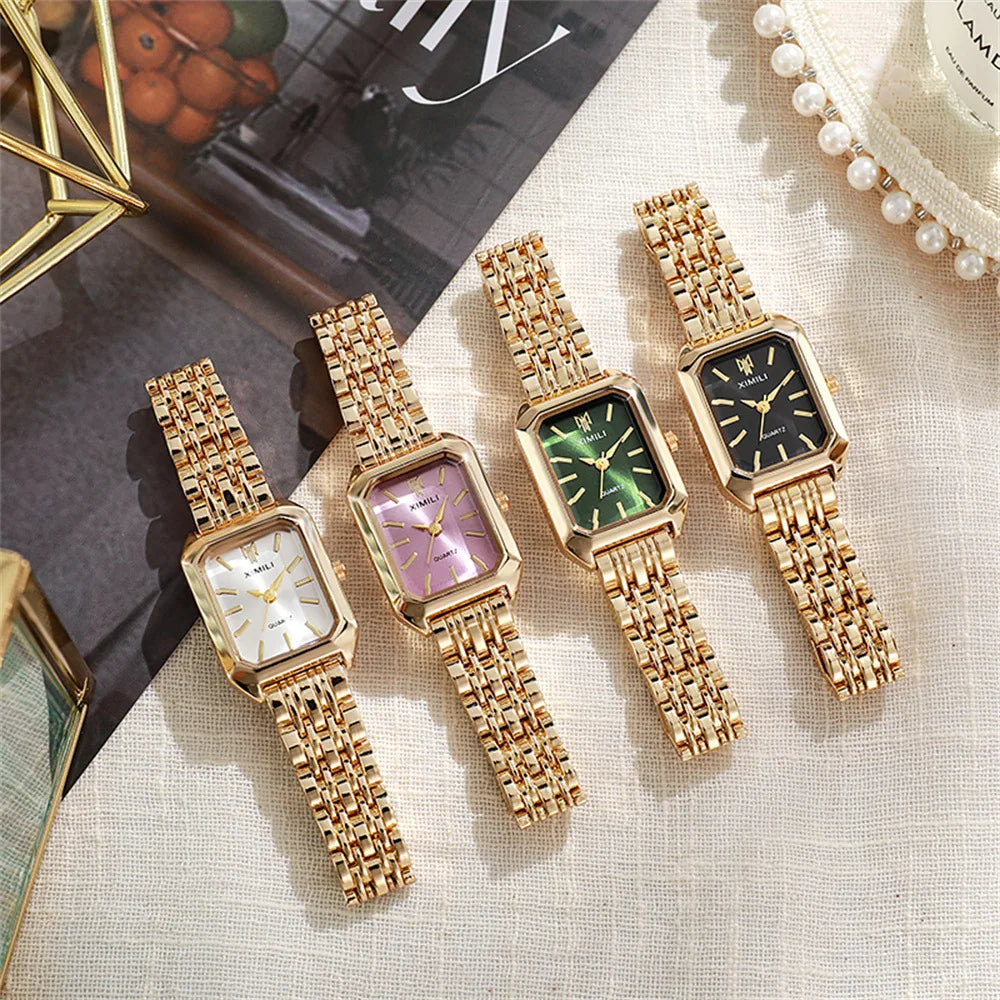 Women's Fashion Square Watches Gold Alloy Strap 2025