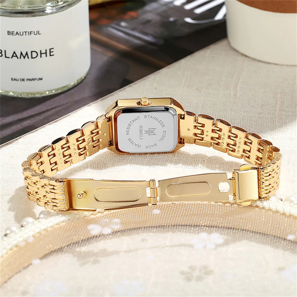 Women's Fashion Square Watches Gold Alloy Strap 2025