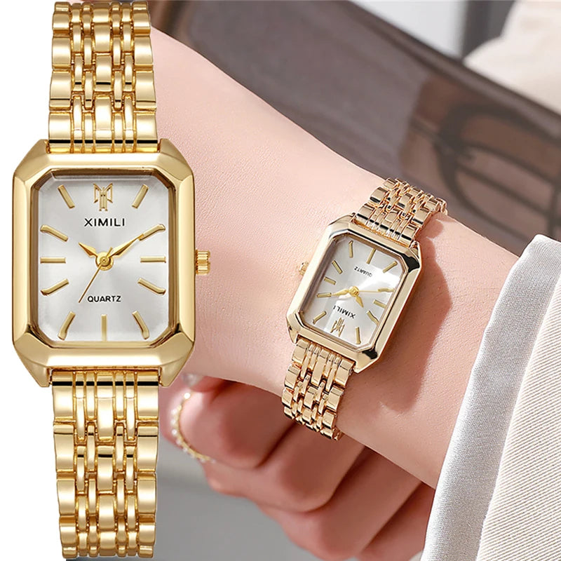 Women's Fashion Square Watches Gold Alloy Strap 2025
