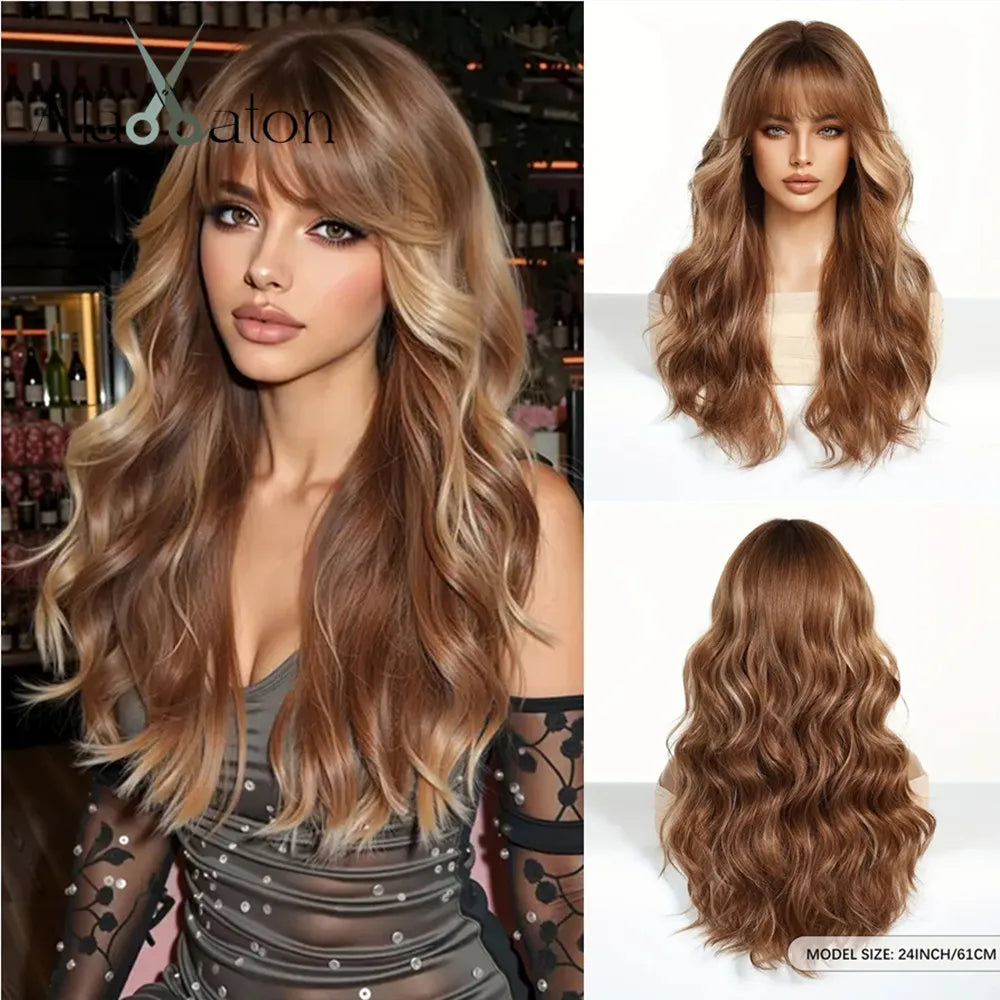 ALAN EATON Brown Highlight Synthetic Wigs with Bangs